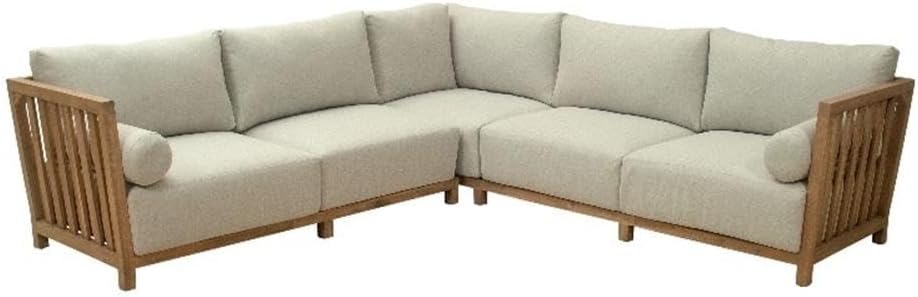 Pemberly Row Modern Outdoor Sectional Sofa, Gray Olefin Fabric, Painted Acacia Wood Frame, Weather-Resistant, Seats 4, Removable Cushions, Contemporary Design, Patio or Indoor Seating