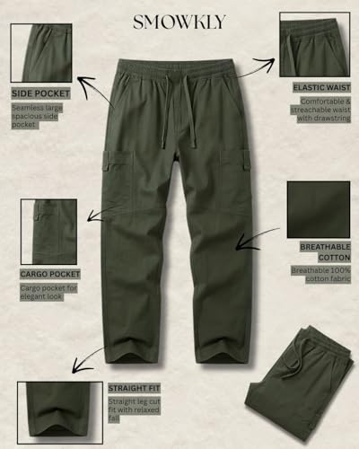 Image of Cargo for Men | Cotton Cargo Pant | Lower for man | Elastic Drawstring Waist Straight Fit Bottoms | Comfortable Breathable Summer Cargos for Casual, Office Wear