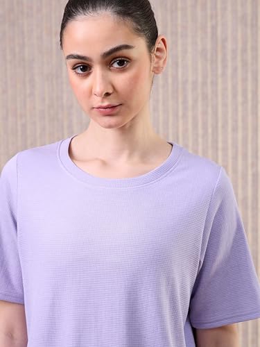 Image of TECHNOSPORT Women Relaxed Fit Cubic Melange Round Neck T-Shirt | Quick Dry Polyester Casual Tee with UPF 50+ UV Protection, Anti-Microbial & Double Cool Technology