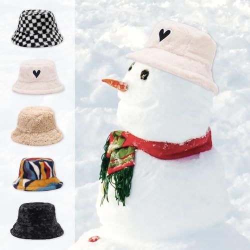 Image of Bucket Hat Women Furry Fuzzy Bucket Hats for Ladies, Winter Warm Fluffy Plush Faux Fur Hat for Women