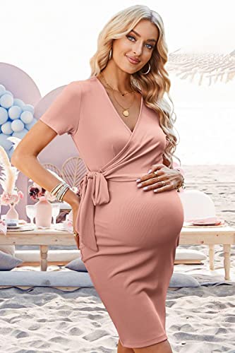 Laishen Women's Maternity Dresses Short Sleeve Wrap Bodycon Dress Summer Pregnancy Clothes For Baby Shower Wedding Photoshoot(Pink,L) #TOP1