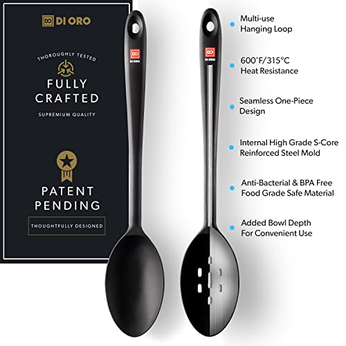 Di Oro Silicone Spoons For Cooking - Large Kitchen Spoons For Mixing, Serving, & Stirring - 600°F Heat-Resistant Non Stick Utensils – Big Solid & Slotted Basting Spoons - Dishwasher Safe (2Pc, Black) #TOP3