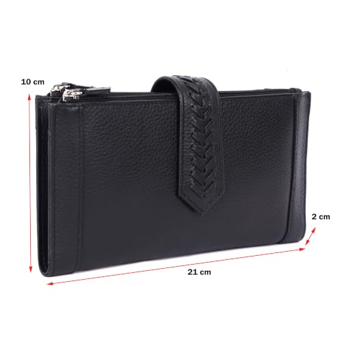 Image of Raizel Genuine Leather Hand Purse for Women | Stylish Clutch Wallet with 2 Main Compartments, Zipper Pockets & 5 Card Slots | Black (P. Black)
