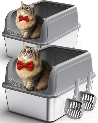 Powools Stainless Steel Cat Litter Box, Metal Litter Box with Scoop, High- Sided, Anti-Leakage Top Entry, Non-Sticky, Easy to Clean, Grey, M (2 Pack)