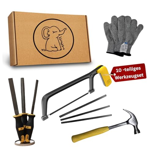 Eli® Kinderwerkzeug Set ab 6 Jahre inkl Kindersäge - Hammer - Holzraspel - Schutzhandschuhe - echtes Werkzeug Set für alle junge Baumeister und Bauarbeiter - Säge für Kinder - Geschenkidee