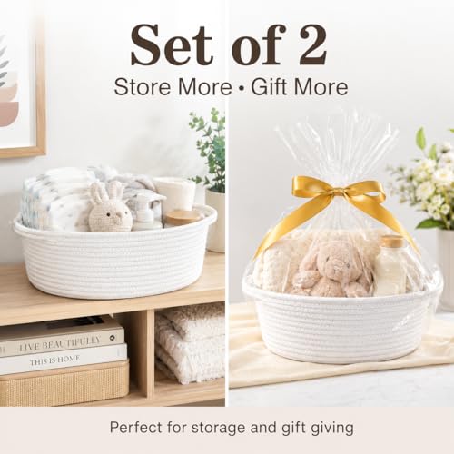 Image of ABenkle Small Basket with Handles, Boho Decorative Rope Woven Dog Cat Toy Storage Bin Shelf Storage Organizer, Easter Christmas Gift Basket, 12 inchx8 inchx5 inch, 2 Pack