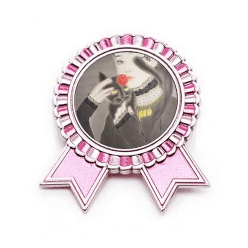 Broche chat noir style chinois badge aquarelle rose medium métal pour customiser veste et sac à dos