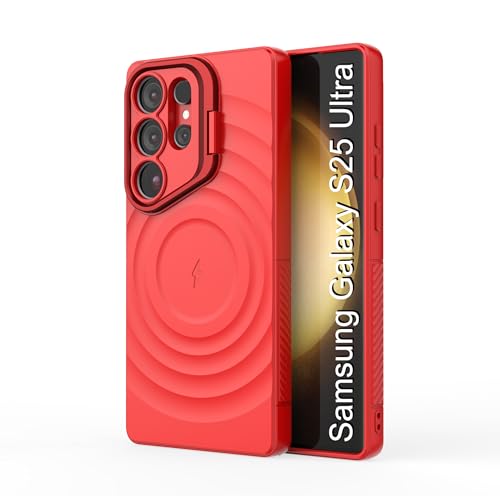 Image of LuxuryKase Shockproof Case for Samsung Galaxy S25 Ultra | Ripple Pattern | Camera Protection | Inner Velvet Fabric Lining | Protective Cover with Enhanced Grip & Wireless Charging Support - Red