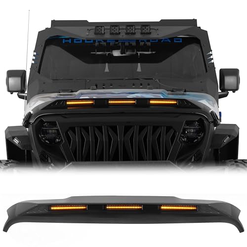 Hooke Road JL JT Hood Protector Bug Deflector Stone Guard with Amber Lights for 2018-2024 Jeep Wrangler JL & Gladiator JT Base Hood Models Only (Not for 2025+ Vehicle)