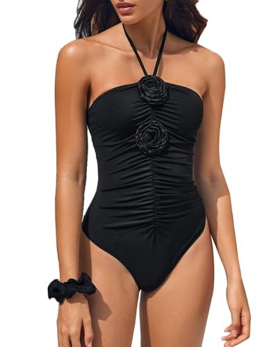 SherryDC Women's Ruched One Piece Swimsuit Tummy Control Halter Bandeau 3D Flower Bathing Suit