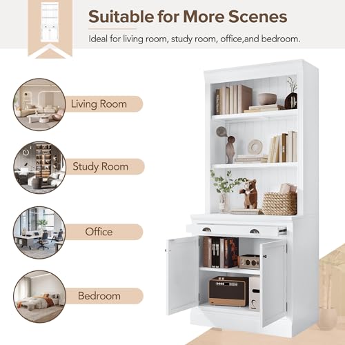 Image of 83.4 inch Tall Bookshelf with 3 Pieces LED Lighting, Modern Bookcase with 2 Doors and 1 Drawer,Storage Bookcase with Open Shelves for Living Room,Home Office,White