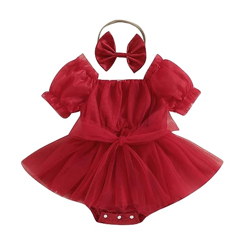 FYBITBO Baby Girl Christmas Outfit Bowknot Puff Sleeve Layered Tulle Tutu Bodysuit Headband Princess Romper Dress (Red Bowknot Tulle Romper Dress, 12-18 Months)