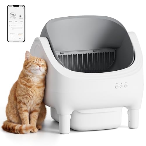 Greesum Self Cleaning Cat Litter Box – Automatic Open-Top Smart Litter Box with App Control, 15L Odor-Sealed Waste Bin, Ultra Quiet 35dB, Multi-Cat & Large Cat Compatible, with Trash Bags & Mat