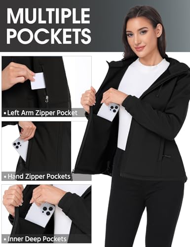 CMTOP Softshelljacke für Damen Kurze Fleece Gefütterte Warme Regenjacke Wasserabweisend und Winddichte Übergangsjacke Funktionsjacke Outdoorjacke Winterjacke Windbreaker mit Kapuze(Schwarz,M)