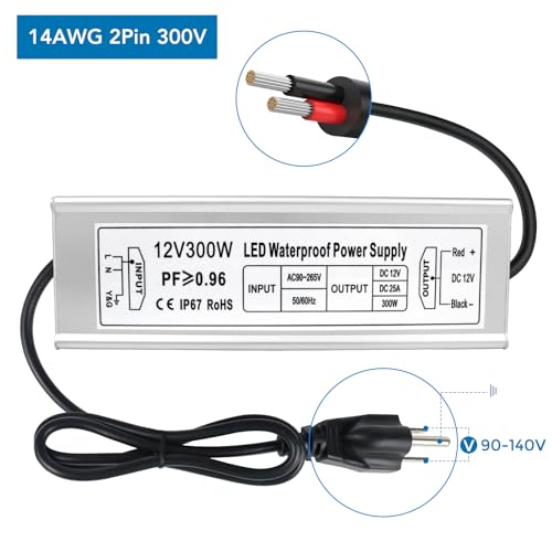 Image of LED Driver 300W 12V Power Supply, IP67 Waterproof Low Voltage Transformer, 110V AC to 12V DC Converter for Outdoor Landscape Lighting and LED Strip, with 3-Prong Plug 3.3FT Cable