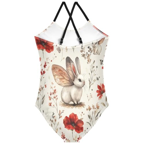 Pigsaly Girls One Piece Swimsuits Watercolor Red Flower Butterfly White Rabbit Kids Cross Back Swimwear Bathing Suit 3T2
