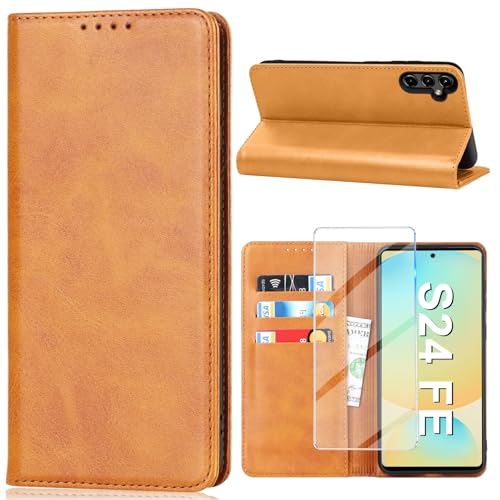 Étui Samsung Galaxy S24 FE Vaki en cuir jaune avec protège-écran