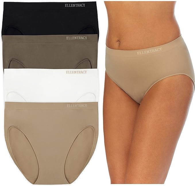 ELLEN TRACY Womens Seamless Underwear - No-Show Full-Coverage Comfort - Stretchy High Cut Panties for Everyday Wear - 4-Pack