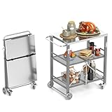 YORKING Foldable Outdoor Grill Cart, Stainless Steel 3 Tier Kitchen Cart with 2 Lock Wheels, Moveable BBQ Table Kitchen Island with Tool Hooks, Bottle Opener, for Home Party, Bar, Camping, Grey