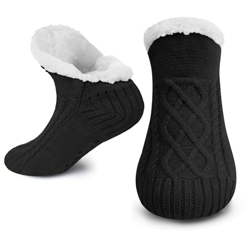 VIMIWINI Black Adult Knitted Slipper Socks Warm Cozy Fuzzy Socks