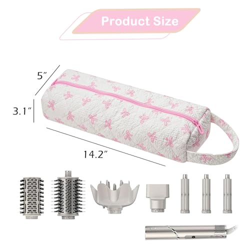 Image of RSRSLEII Quilted Hair Tools Travel Bag,Hair Styling Accessories Storage Case for Shark FlexStyle, Dyson Airwrap Hair Dryer, Curling Iron, Revlon Hair Tools,Portable and foldable(01Pink Bow)