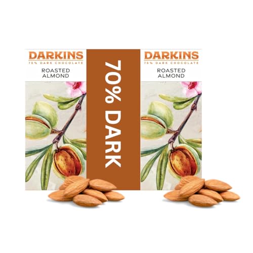 Image of Darkins 70% Dark Chocolate With Roasted Almonds | Dark Chocolate Bars 2x50gm | Vegan | Natural | Gluten-Free Chocolate | 50g Each (Pack of 2)