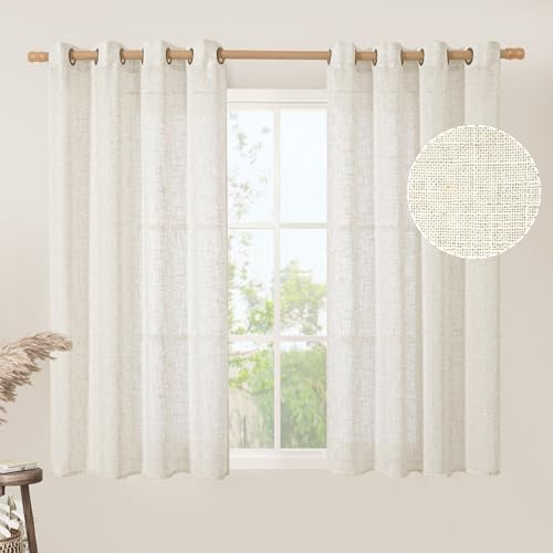Image of LAMIT Natural Linen Semi Sheer Curtains 45 Inch Length, Light Filtering Short Linen Neutral Decorative Window Drapes with Bronze Grommet for Bedroom /Kitchen, Cream Ivory, 2 Panels Set, 52 X 45 Inch