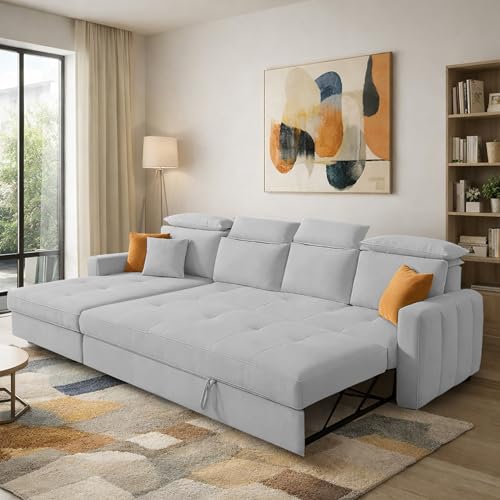 Image of Casaliving Gagnon LHS 6 Seater L Shape Corner Sofa Cum Bed for Living Room (Grey Fabric) Premium Fabric Sofa