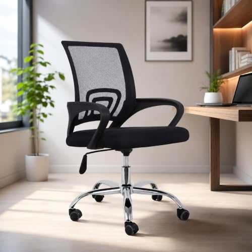 Image of Casa Copenhagen Mesh Mid Back Office /Study /Computer /Revolving /Desk Chair for Work from Home -Metal Base, Height Adjustable Seat - Black & Black Handle
