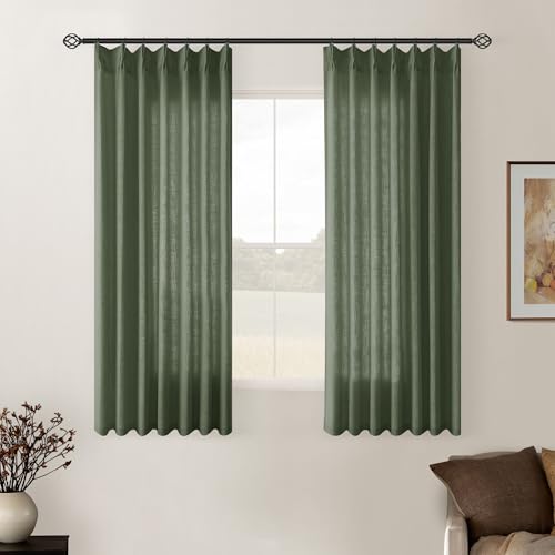 Image of Olive Green Linen Curtains 45 Inch Length 2 Panel Set for Small Windows Rustic Country Linen Cotton Light Filtering Drapes Privacy Pinch Pleated Back Tab Semi Sheer Kitchen Curtains 45 Inches Long