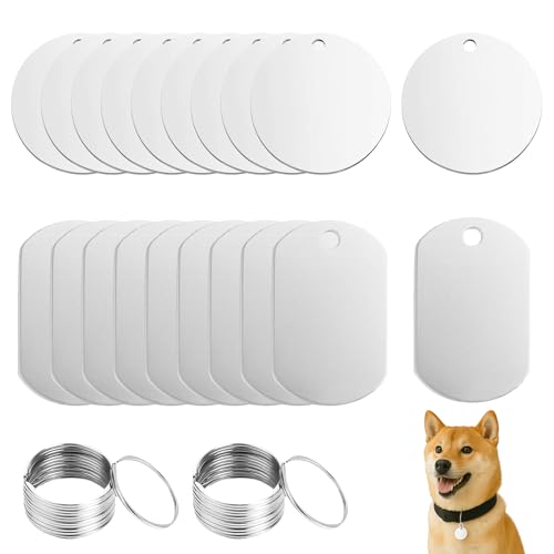 Huybaa 20 Pièces plaque d'identification pour chien,Étiquettes d'Identification en Acier Inoxydable, Plaques Vierges pour Chien avec Porte-clés,plaque militaire,Étiquettes bricolées(argenté)
