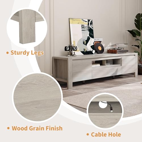 Image of TV Stand with Cabinet Doors, Entertainment Center with Adjustable Shelves, Media Console with Cable Management for Living Room or Bedroom，Grey