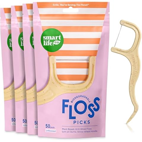 SmartLifeco Biodegradable Dental Floss Picks - Plant Based Tooth Flosser for Adults & Kids | Eco-Friendly Unwaxed Floss | Toothpick Stick Soft On Gum & Teeth | Compostable, Vegan, Unflavored 200ct Cover