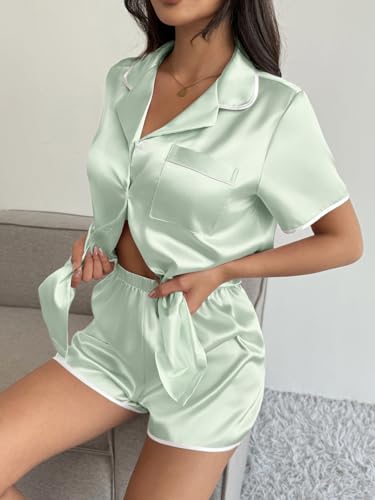 Image of Ekouaer Womens Satin Pajamas Set 2 piece Silky Buttton Down Short Pjs | Silk Notch Collar Top and Soft Shorts Lounge Set for Sleep, Daily Wear, Home, Wedding, Party