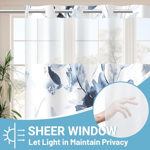 Withloc No Hook Shower Curtain With Snap In Liner - Floral Shower Curtain - Fabric Waterproof Inner Liner, Plants Navy Blue Flowers Modern Cloth Shower Curtains thumb #1