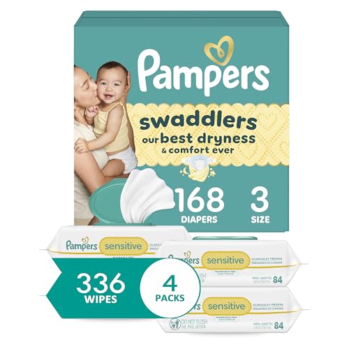 Image of Diapers Size 3, 168 Count and Baby Wipes - Pampers Swaddlers Disposable Baby Diapers and Water Baby Wipes Sensitive Pop-Top Packs, 336 Count (Packaging May Vary)