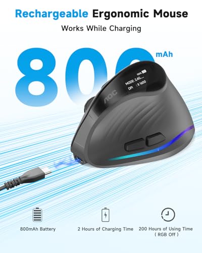 Image of AOC 2.4GHz Ergonomic Mouse, Wireless Bluetooth Vertical Mouse for Work, 4800 DPI Optical Tracking, 5 Adjustable DPI, Quiet Clicks, RGB Light, Compatible with Computer, Laptop, PC, Mac, Desktop - Gray