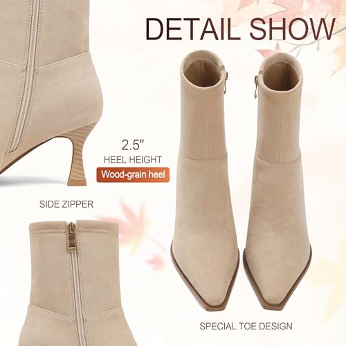 Image of Womens Brown Suede Fall Boots with Side Zip, Ankle, Mid Calf, Pointed Toe, Kitten Heel, Dressy, Short Boots