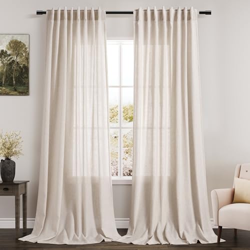 Image of Beige Linen 102 Inch Long Curtains for Living Room 2 Panels Back Tab Rod Pocket Linen Semi Sheer Extra Long Curtains Soft Material Light Filtering Window Panel Drapes for Dining Room 60x102