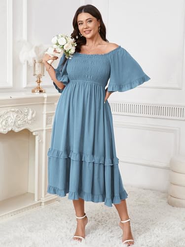 Image of SCOMCHIC Women's Plus Size Maxi Dresses Summer Short Sleeve Square Neck Smocked Wedding Guest Cocktail Boho Long Dress