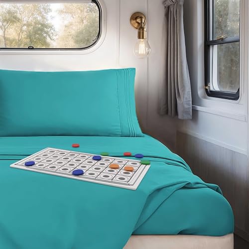 Image of Nestl Teal Short Queen Sheets for RV, Hotel Luxury RV Queen Sheets Set, 4 Piece Fitted Bed Sheet Set and Pillowcases, Super Soft, Wrinkle-Free, and Breathable Camper Bedding