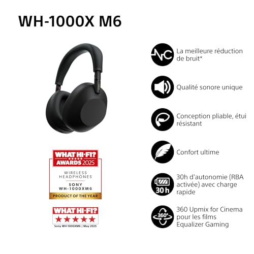 Sony WH-1000XM6 Casque sans-Fil Bluetooth à réduction de Bruit Noir, Son Hi-Res Unique, Confortable, Conception Pliable, Etui résistant, 30h Autonomie, iOS & Android - Noir