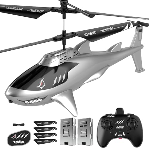DEERC Remote Control Helicopter for Kids and Adults, RC Shark Helicopter with Altitude Hold, One Key Takeoff/Landing, LED Lights, 2 Batteries, 24 Min Flight Time, Indoor Flying Toy Gift