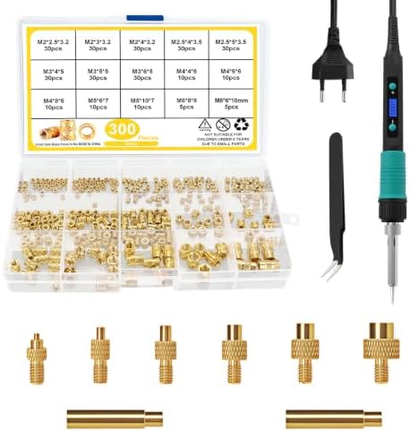 310tlg Gewindeeinsatze Lötspitzen Set mit 100W Lötkolben für 3D Druck,M2-M8 | 300 Messing Einschmelzgewinde M2 M2.5 M3 M4 M5 M6 M8 mit 6 stk. Lötspitzen & 2 Adapter, Einschmelzmutt