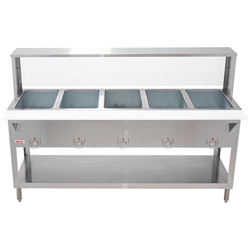 kratos commercial electric steam tablehot food table with overshelf and sneeze guard 5 wells stainless steel stationary nsf 240v 28w-195