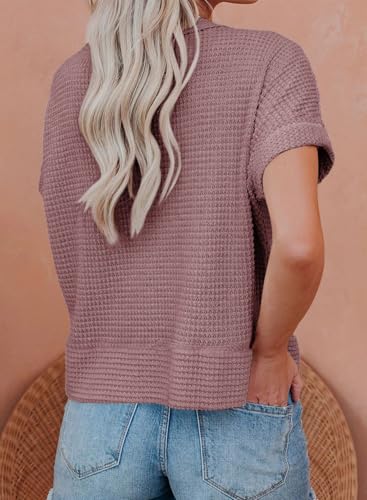Image of Dokotoo Womens Summer Tops 2026 Waffle Knit Button Down Shirts Casual V Neck Short Sleeve Shacket Jacket Dressy Blouses