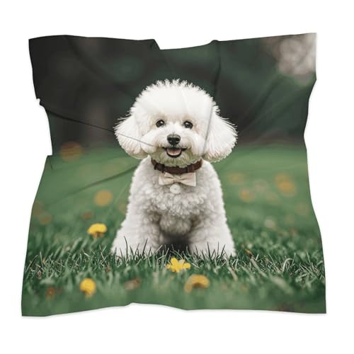Women Square Head Scarf Boho Hair Scarf Bichon Frise Dog on The Grass Head Kerchief Woman Headband Satin Bandanas Fashion Neck Scarves Silk Headwear for Bag Hair Scarves Gift 25"×25"3