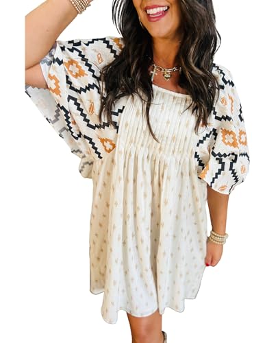 SELINK Womens Summer Short Sleeve Square Neck Western Aztec Mini Dress Flowy Pleated A-Line Casual Dresses