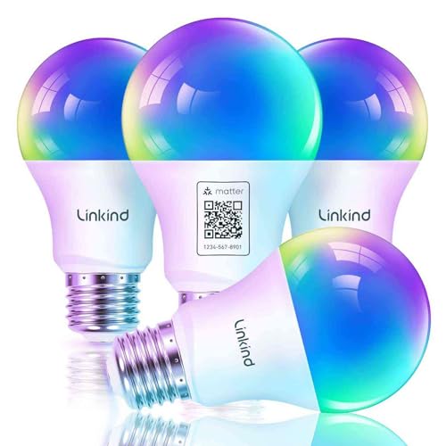 Linkind Matter Smart RGBTW Lampadine,Lampada E27 Compatibile con Siri,Alexa, Google Home, SmartThings, 9W(Equivalenti a 60 W), Dimmerabile 1800K-6500K Lampadine Multicolore A60, Pacco da 4