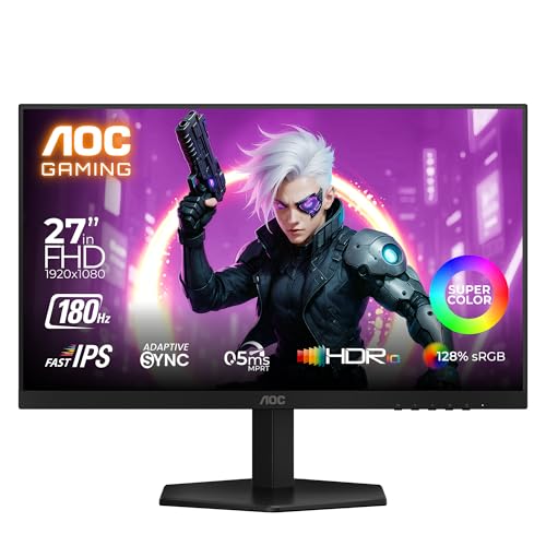 Image of AOC 27G42E Gaming Monitor 27 inch FHD Fast IPS Gaming Monitor, 180Hz Refresh Rate, 0.5ms Response Time, Adaptive Sync, HDR10, Flicker-Free, HDMI 2.0 and DisplayPort 1.4 Connectivity (Black)